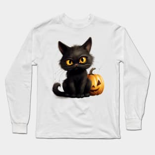 Halloween - Black Kitten with Pumpkin Long Sleeve T-Shirt